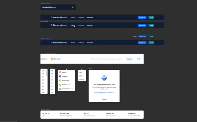 Design system components: desktop and mobile navigation with hover states, breadcrumbs with search, currency and coin pickers, date-range dropdown, a redirect modal and a data snippet bar