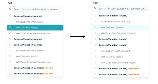 Search suggestions before and after: the old version highlights the hovered row with solid teal and white text; the new version uses a light teal tint with dark text