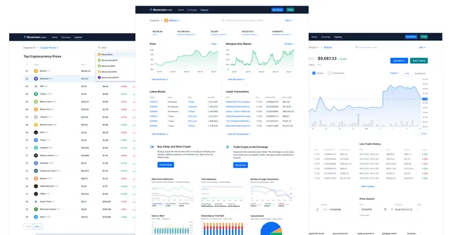 The redesigned crypto prices list, explorer homepage and Bitcoin price page shown side by side