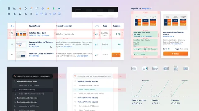 A collage of CFI design system pieces: icons, a course table with spacing redlines, course cards, dark and light search dropdowns and easing curves