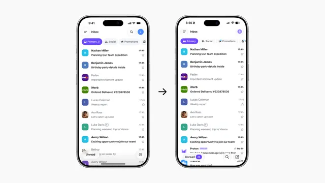 Screenshot of inbox with category pills at the top and unread button at the bottom left.